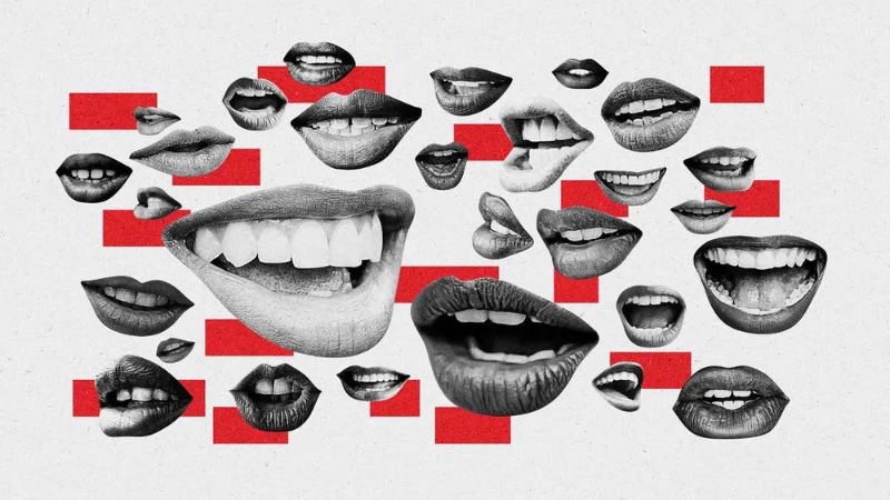 Illustration with many speaking mouths arrayed across a white background with red boxes