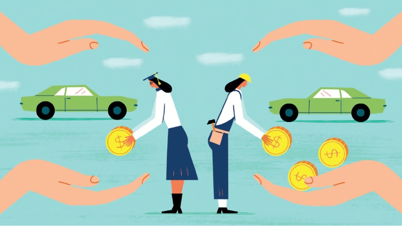 Illustration of two women placing coins in large hands near their cars. The woman with a mortarboard is paying one coin; the woman with a construction hat is paying three.